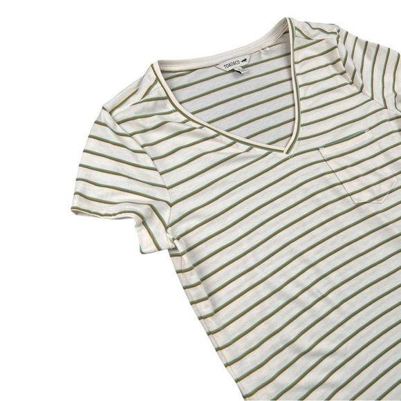 Toad&Co Women's Striped Brown/Green V-Neck Pocket T-Shirt In Size M - Picture 3 of 5